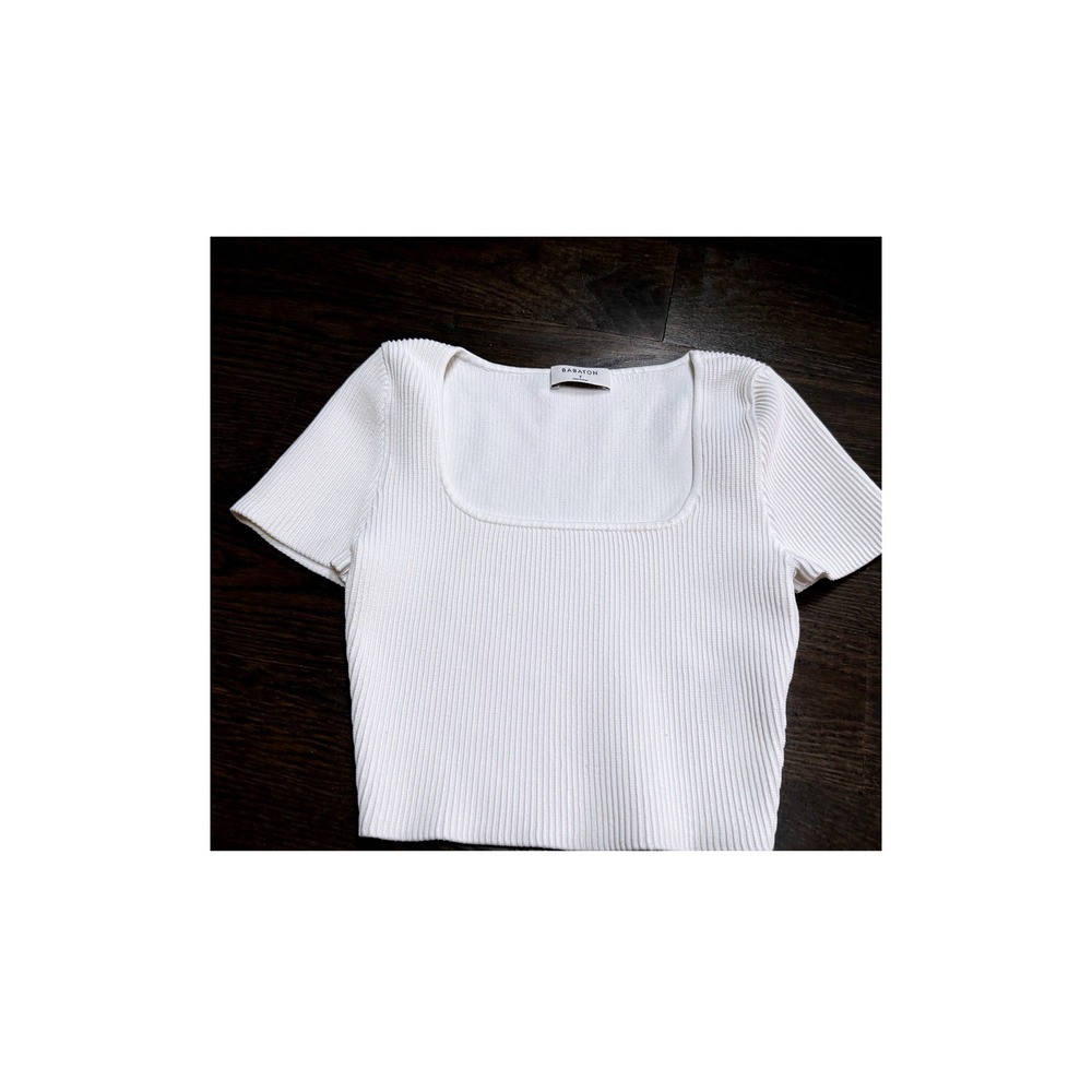 Babaton Ribbed Square Neck Short Sleeve Knit Top White Size S Minimalist Chic